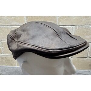 Vintage Stetson Genuine Leather Brown Newsboy Cabbie Cap Hat S/M USA Made